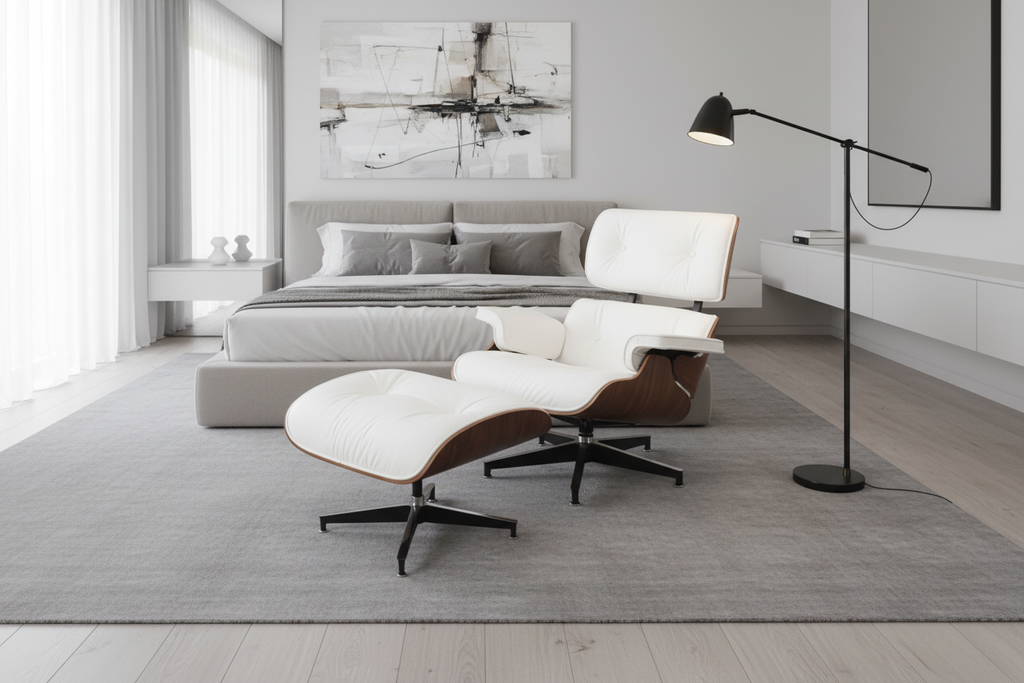 Modern bedroom with a white Hermn Miller Eames lounge chair and ottoman.